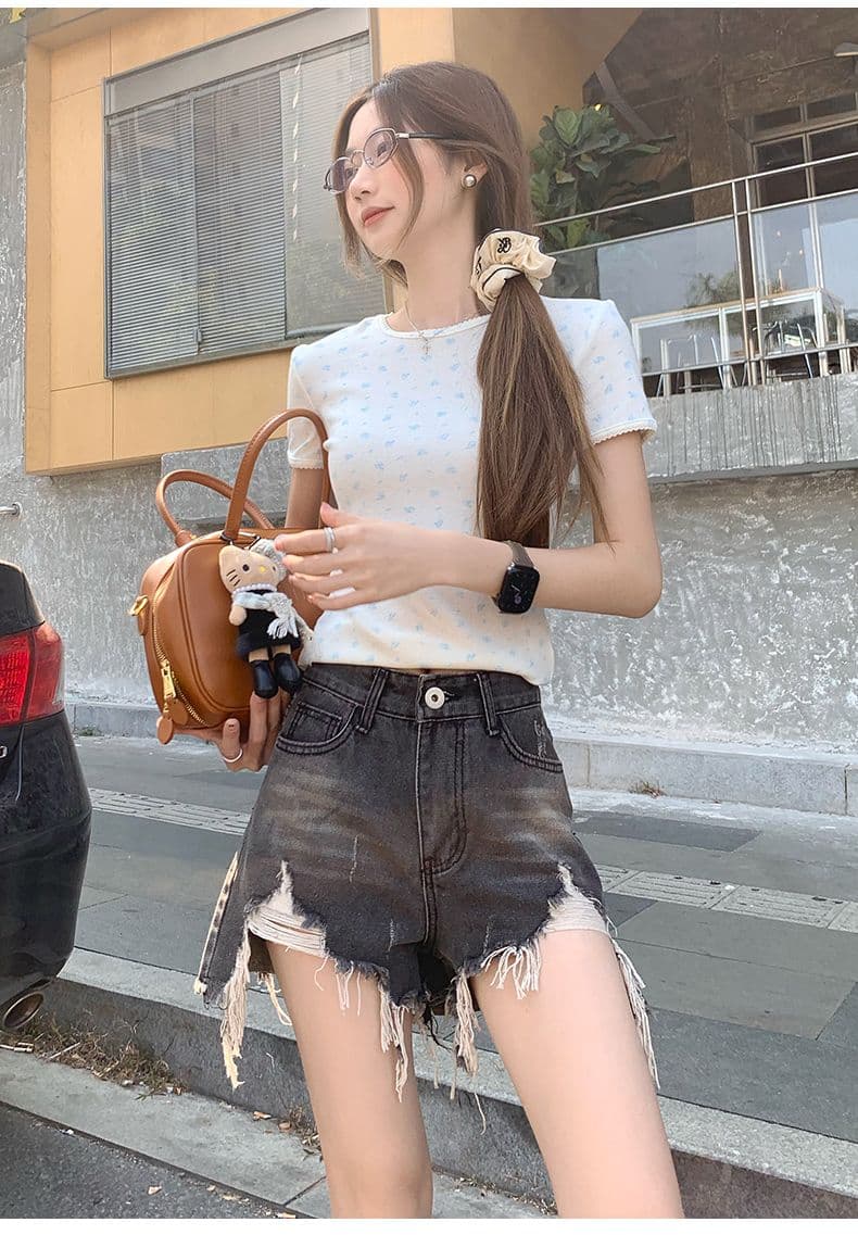 폭발 워싱 마 오래된 찢어진 부분 거친 가장자리 청바지 여성 여름 얇은 스타일 핫 바지 한 마디 반바지 높은 허리 바지 상세 이미지 17