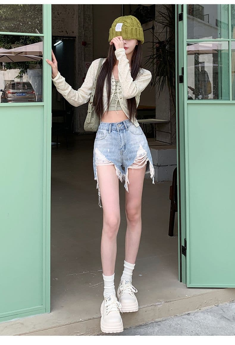 폭발 워싱 마 오래된 찢어진 부분 거친 가장자리 청바지 여성 여름 얇은 스타일 핫 바지 한 마디 반바지 높은 허리 바지 상세 이미지 19