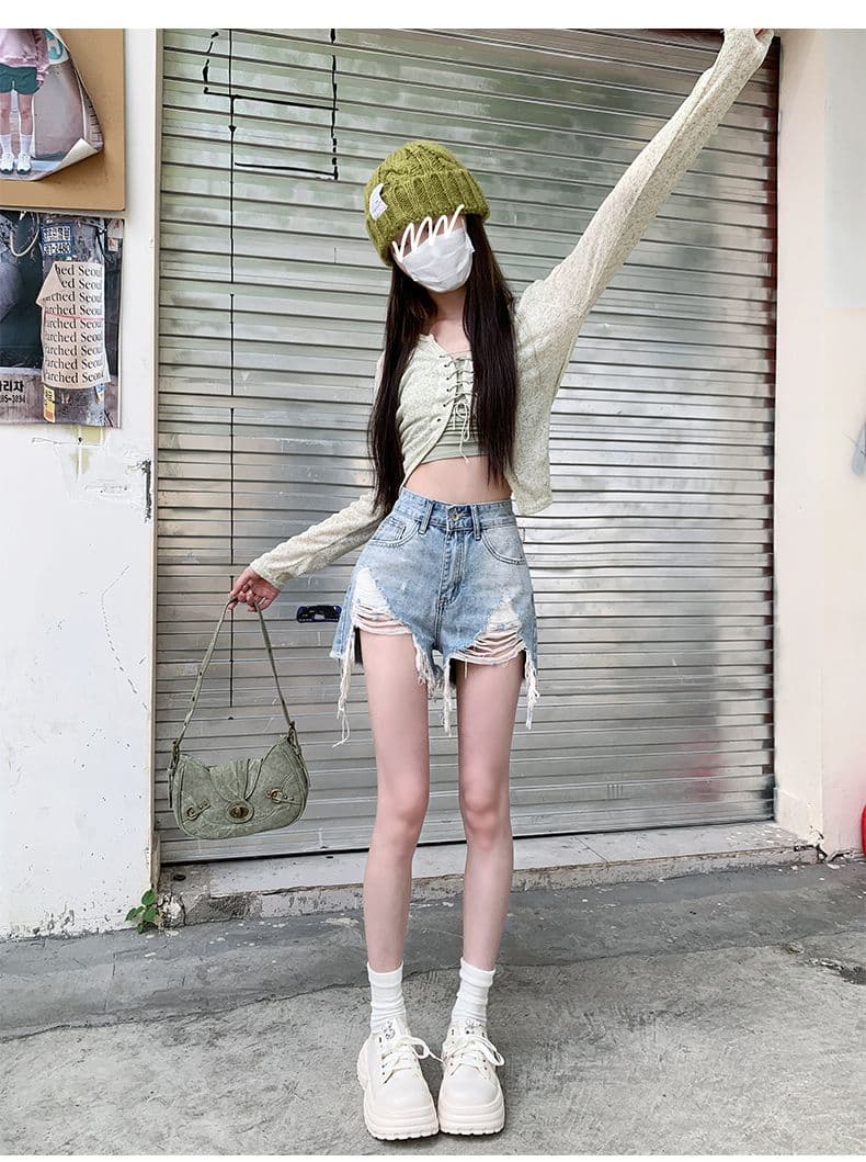 폭발 워싱 마 오래된 찢어진 부분 거친 가장자리 청바지 여성 여름 얇은 스타일 핫 바지 한 마디 반바지 높은 허리 바지 상세 이미지 21