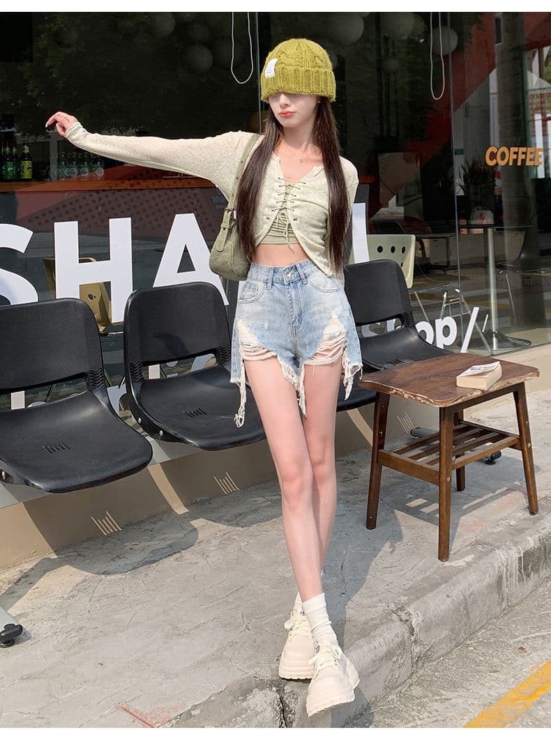 폭발 워싱 마 오래된 찢어진 부분 거친 가장자리 청바지 여성 여름 얇은 스타일 핫 바지 한 마디 반바지 높은 허리 바지 상세 이미지 23
