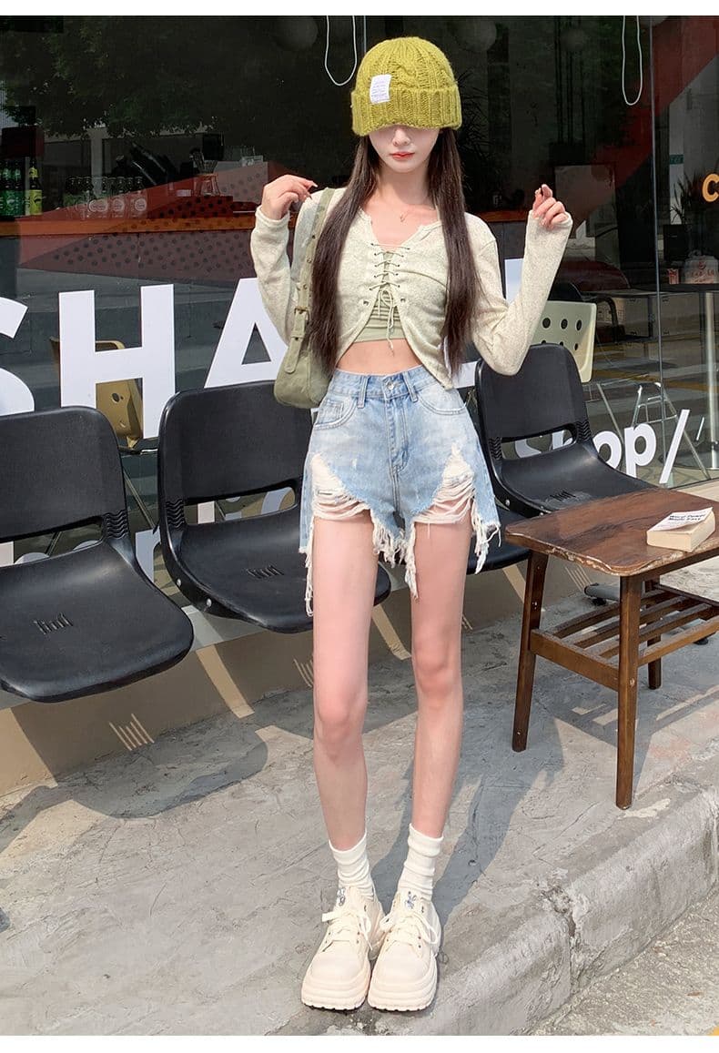 폭발 워싱 마 오래된 찢어진 부분 거친 가장자리 청바지 여성 여름 얇은 스타일 핫 바지 한 마디 반바지 높은 허리 바지 상세 이미지 24