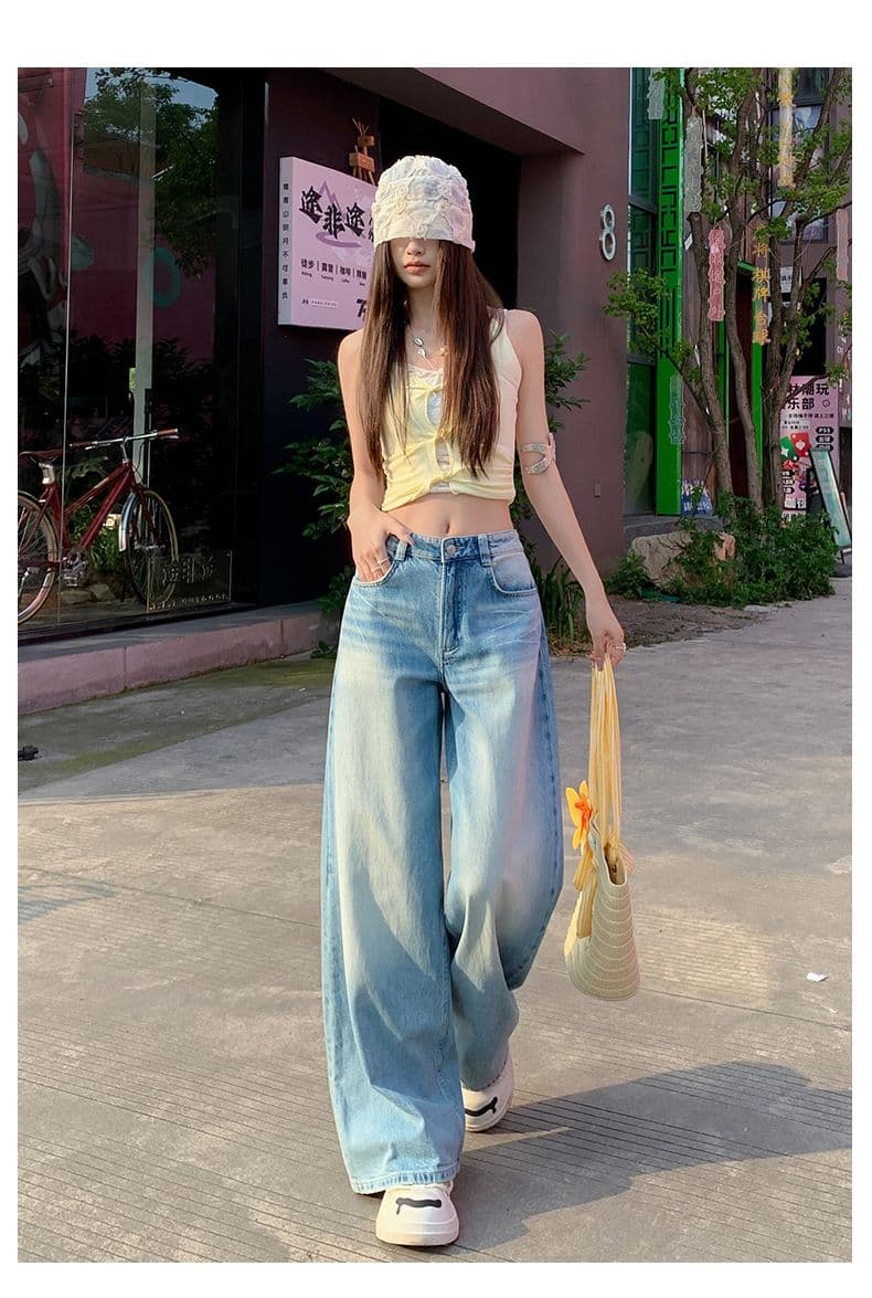 2026 년 새로운 아메리칸 레트로 넓은 다리 청바지 여성 봄 가을 루즈핏 슬림해 보이는 마이크로 나팔 스트레이트 바닥 청소 바지 상세 이미지 17