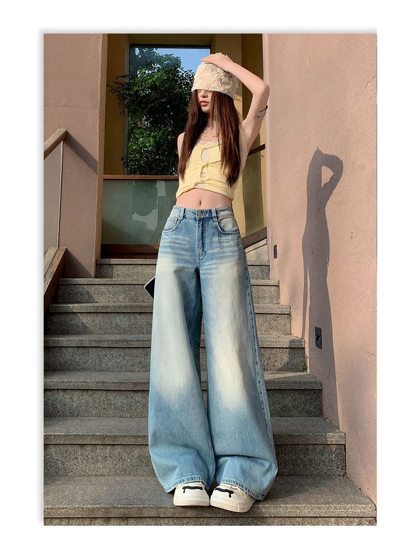 2026 년 새로운 아메리칸 레트로 넓은 다리 청바지 여성 봄 가을 루즈핏 슬림해 보이는 마이크로 나팔 스트레이트 바닥 청소 바지 상세 이미지 26
