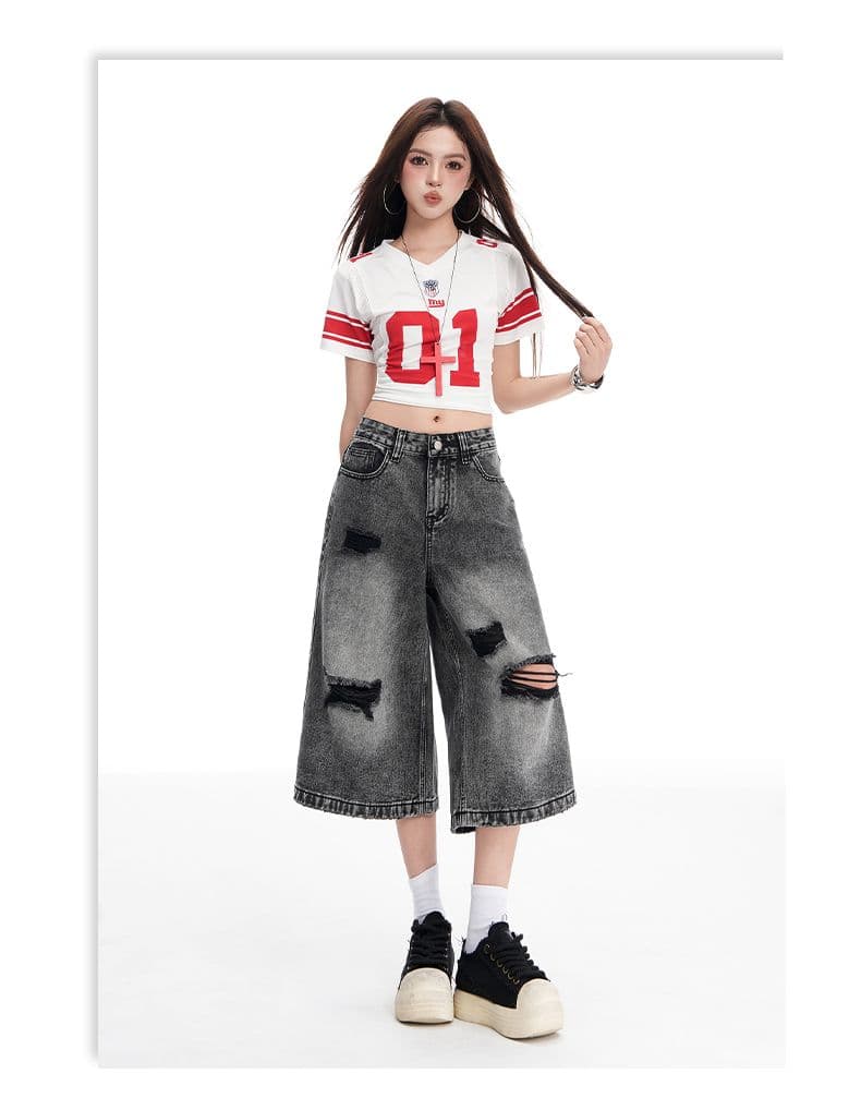 아메리칸 블랙 7 점 찢어진 부분 2026 여름 새로운 청바지 여성 로우 웨이스트 루즈핏 슬림해 보이는 넓은 다리 바지 상세 이미지 31