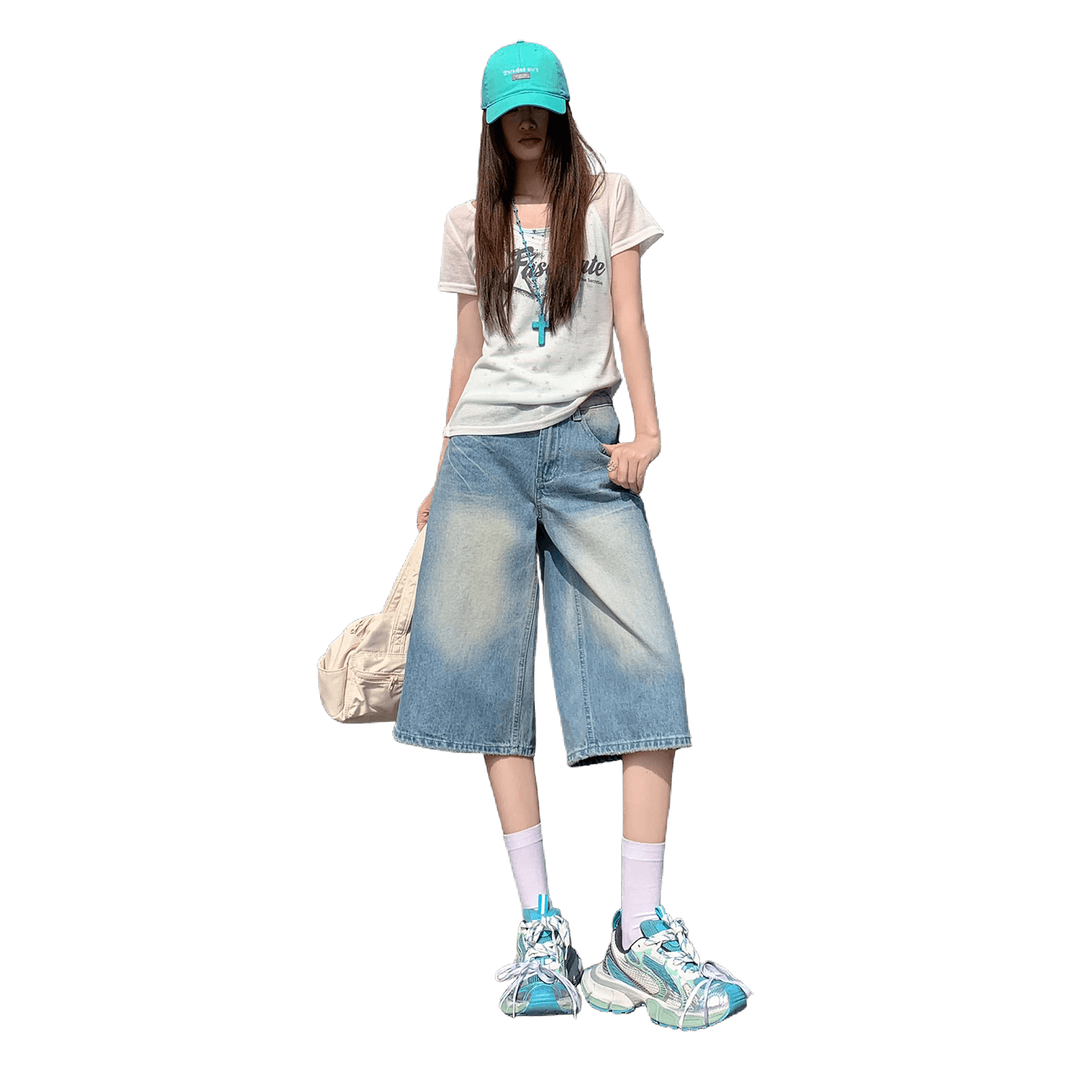 아메리칸 레트로 무거운 작업 워싱 하늘색 스트레이트 7부 바지 여성 2026 여름 데님 루즈핏 넓은 다리 바지 이미지 6