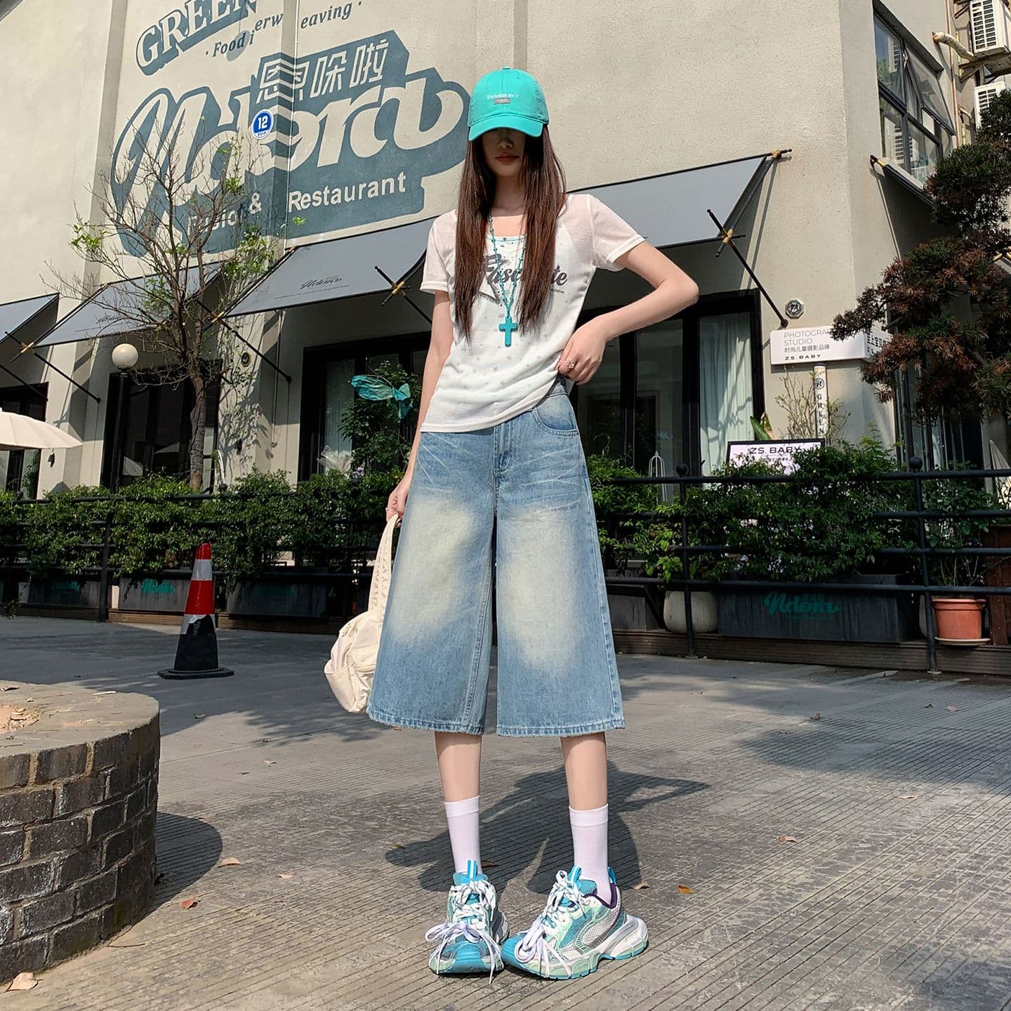 아메리칸 레트로 무거운 작업 워싱 하늘색 스트레이트 7부 바지 여성 2026 여름 데님 루즈핏 넓은 다리 바지 이미지 2