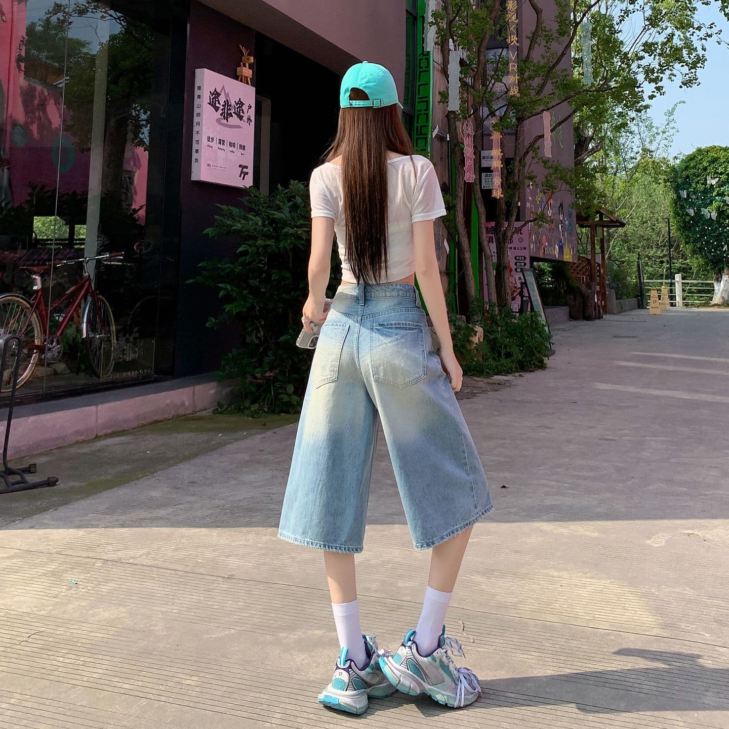 아메리칸 레트로 무거운 작업 워싱 하늘색 스트레이트 7부 바지 여성 2026 여름 데님 루즈핏 넓은 다리 바지 이미지 5
