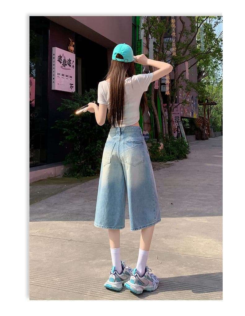아메리칸 레트로 무거운 작업 워싱 하늘색 스트레이트 7부 바지 여성 2026 여름 데님 루즈핏 넓은 다리 바지 상세 이미지 18
