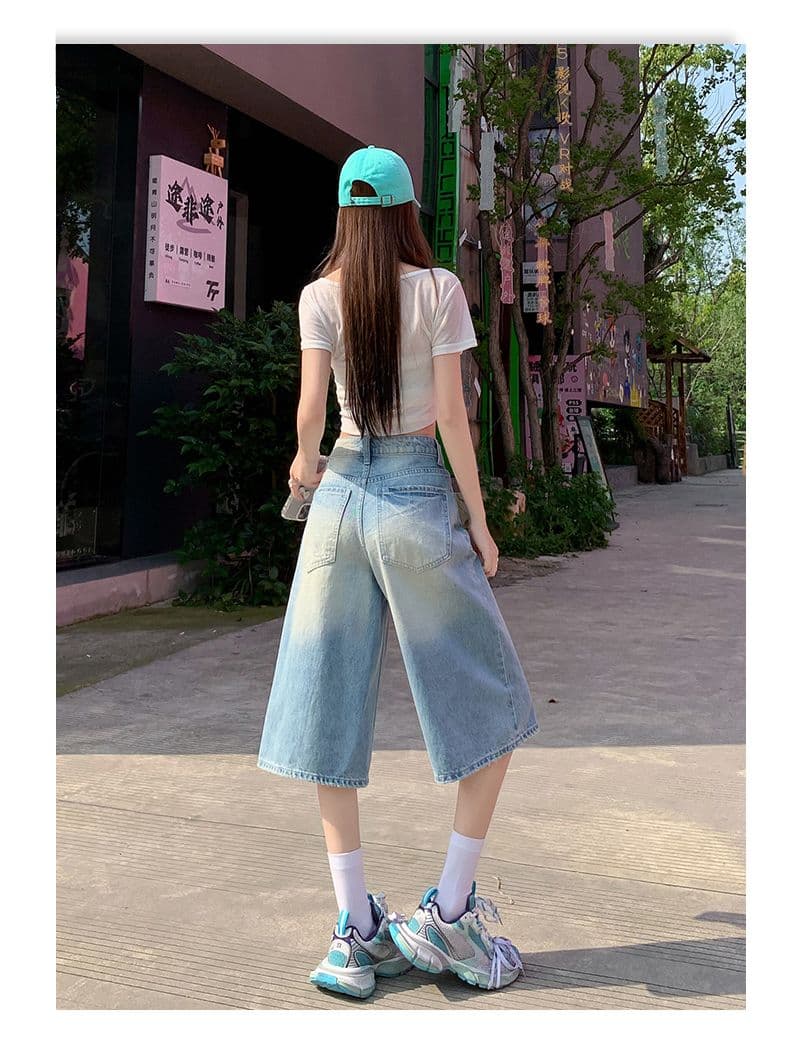 아메리칸 레트로 무거운 작업 워싱 하늘색 스트레이트 7부 바지 여성 2026 여름 데님 루즈핏 넓은 다리 바지 상세 이미지 19