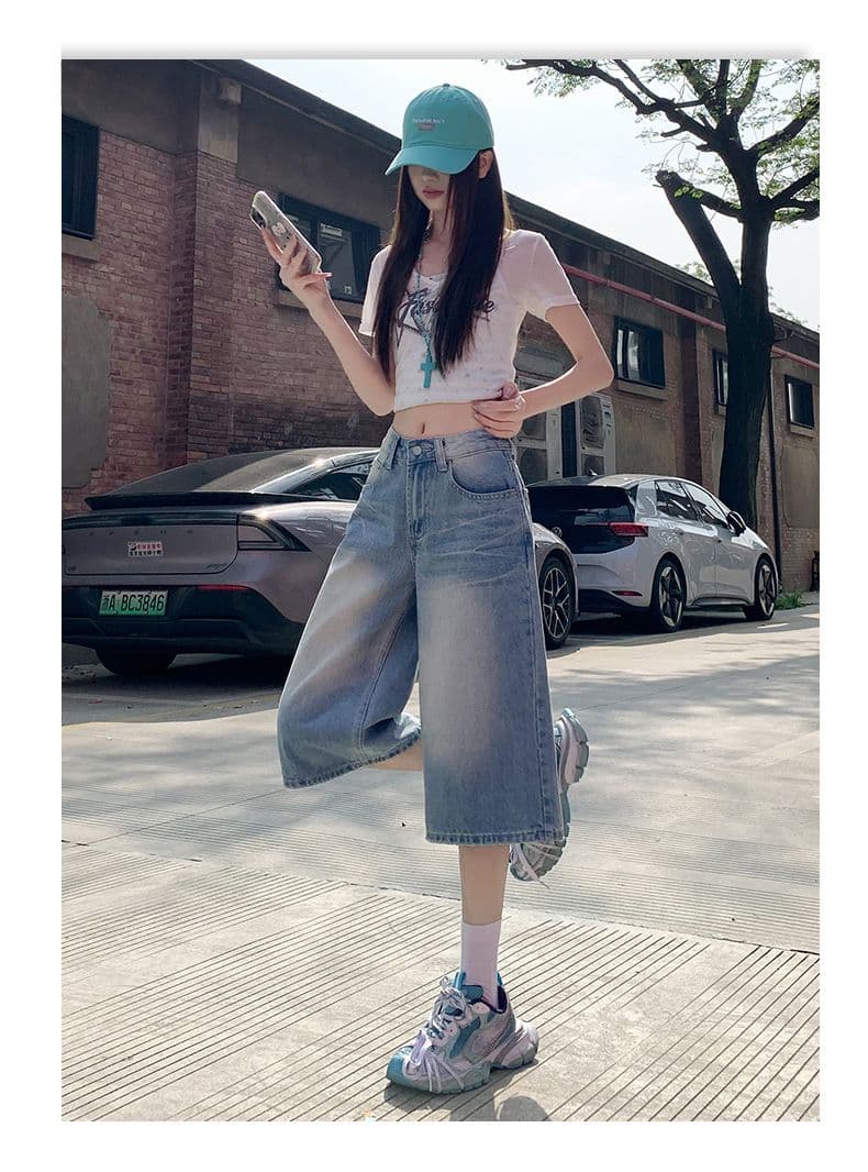 아메리칸 레트로 무거운 작업 워싱 하늘색 스트레이트 7부 바지 여성 2026 여름 데님 루즈핏 넓은 다리 바지 상세 이미지 21