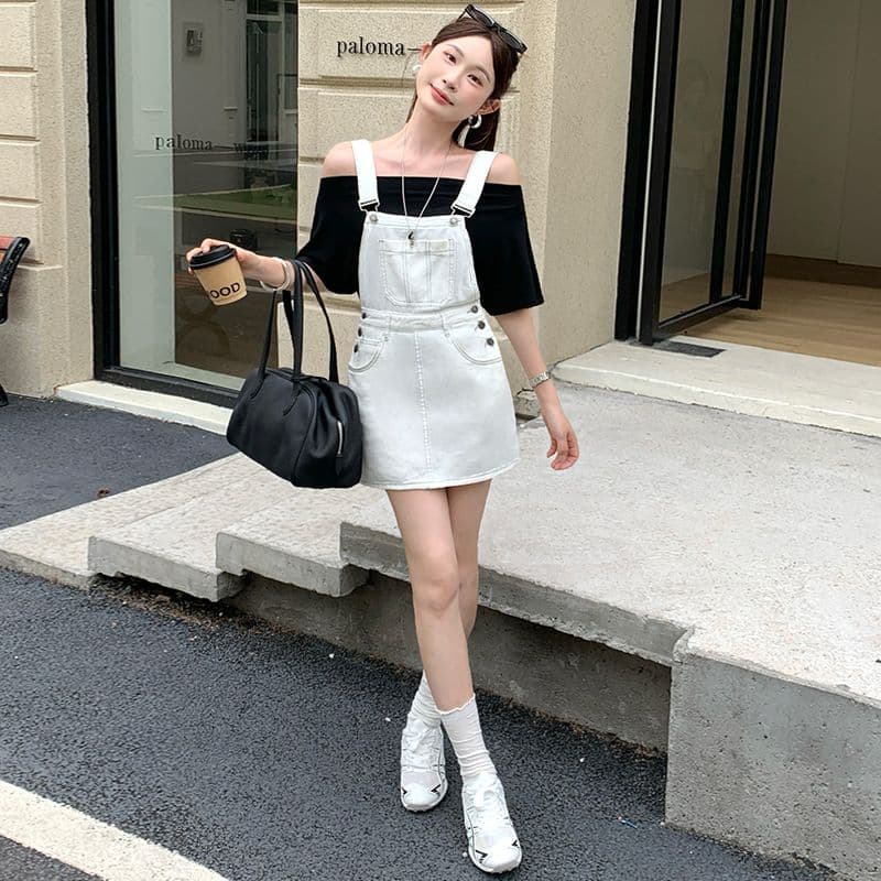 화이트 멜빵 데님 미니 스커트 여성 귀여운 연령 감소 루즈핏 소금 부서 이미지 4
