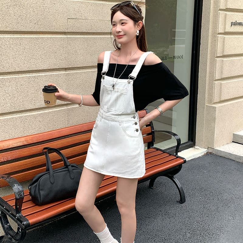 화이트 멜빵 데님 미니 스커트 여성 귀여운 연령 감소 루즈핏 소금 부서 이미지 3
