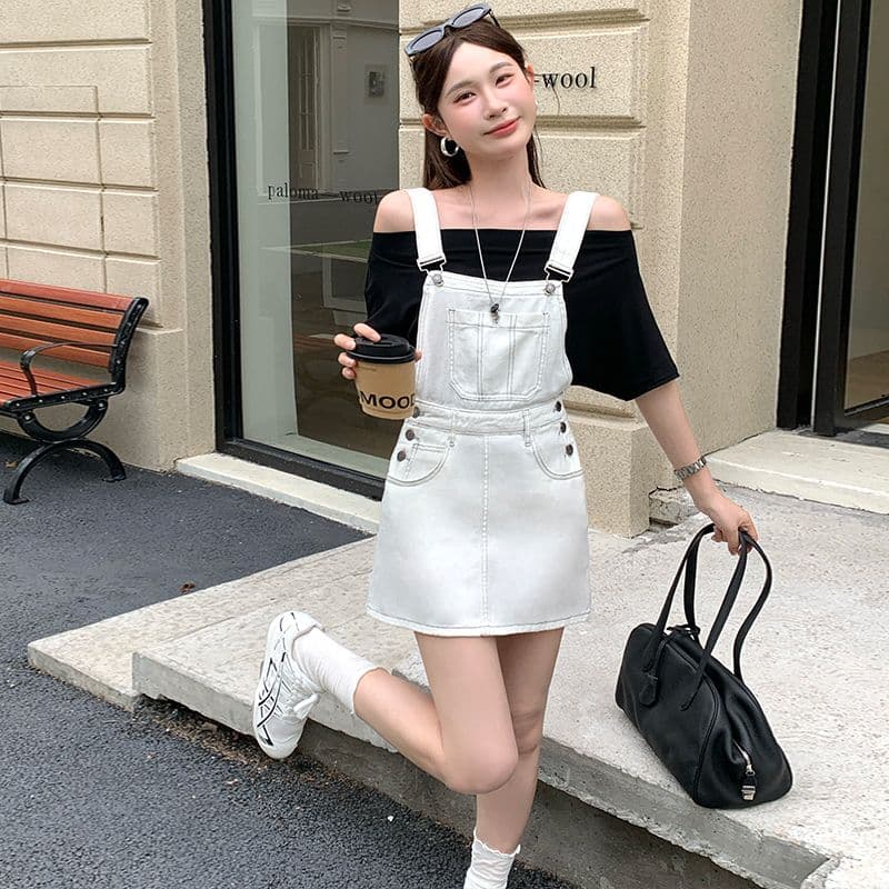 화이트 멜빵 데님 미니 스커트 여성 귀여운 연령 감소 루즈핏 소금 부서 이미지 2