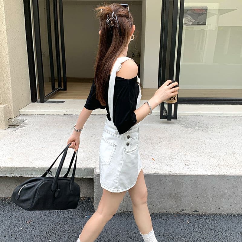 화이트 멜빵 데님 미니 스커트 여성 귀여운 연령 감소 루즈핏 소금 부서 이미지 5