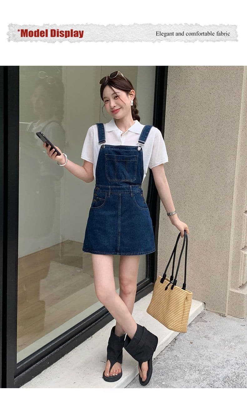 화이트 멜빵 데님 미니 스커트 여성 귀여운 연령 감소 루즈핏 소금 부서 상세 이미지 7