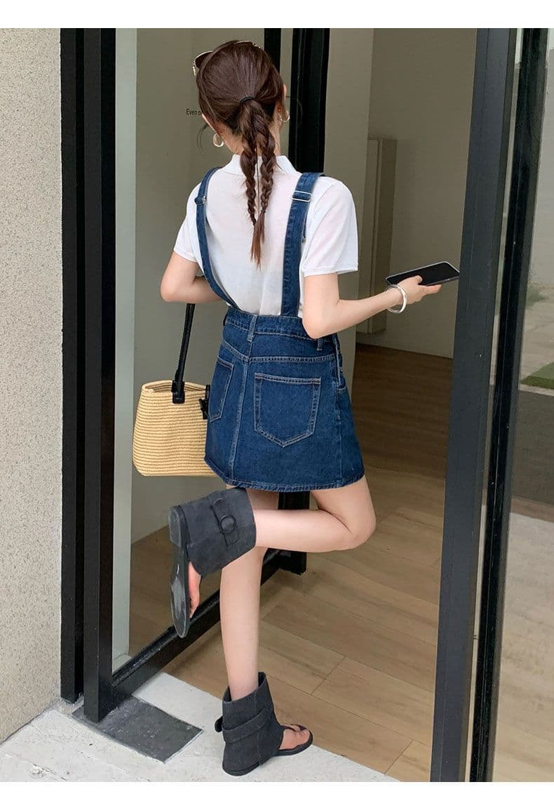 화이트 멜빵 데님 미니 스커트 여성 귀여운 연령 감소 루즈핏 소금 부서 상세 이미지 12