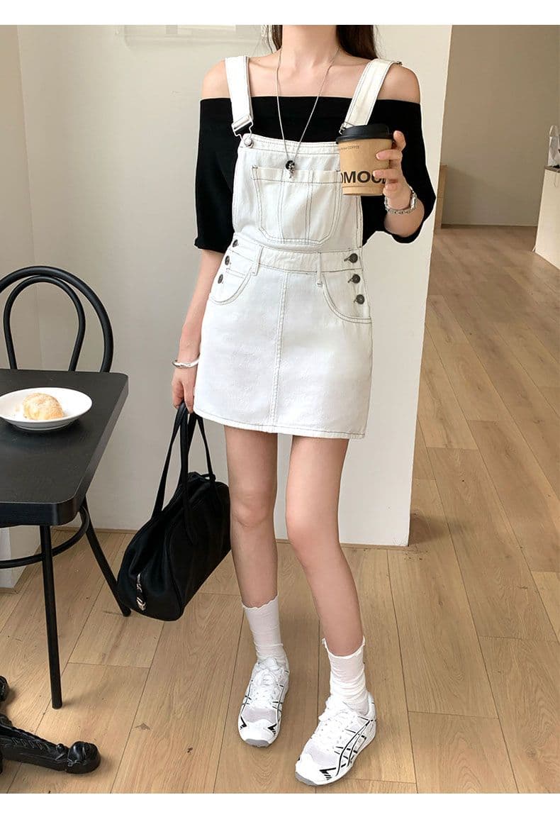 화이트 멜빵 데님 미니 스커트 여성 귀여운 연령 감소 루즈핏 소금 부서 상세 이미지 15