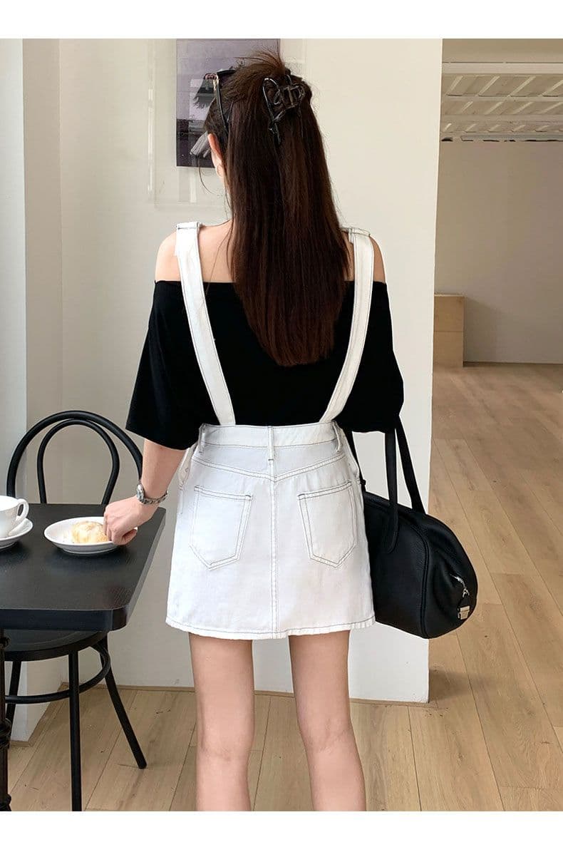 화이트 멜빵 데님 미니 스커트 여성 귀여운 연령 감소 루즈핏 소금 부서 상세 이미지 18
