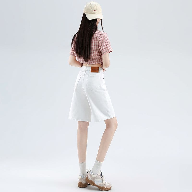 데님 반바지 여성 노스탤지어 블루 오부 바지 하이웨이스트 가죽 카드 반바지 이미지 6
