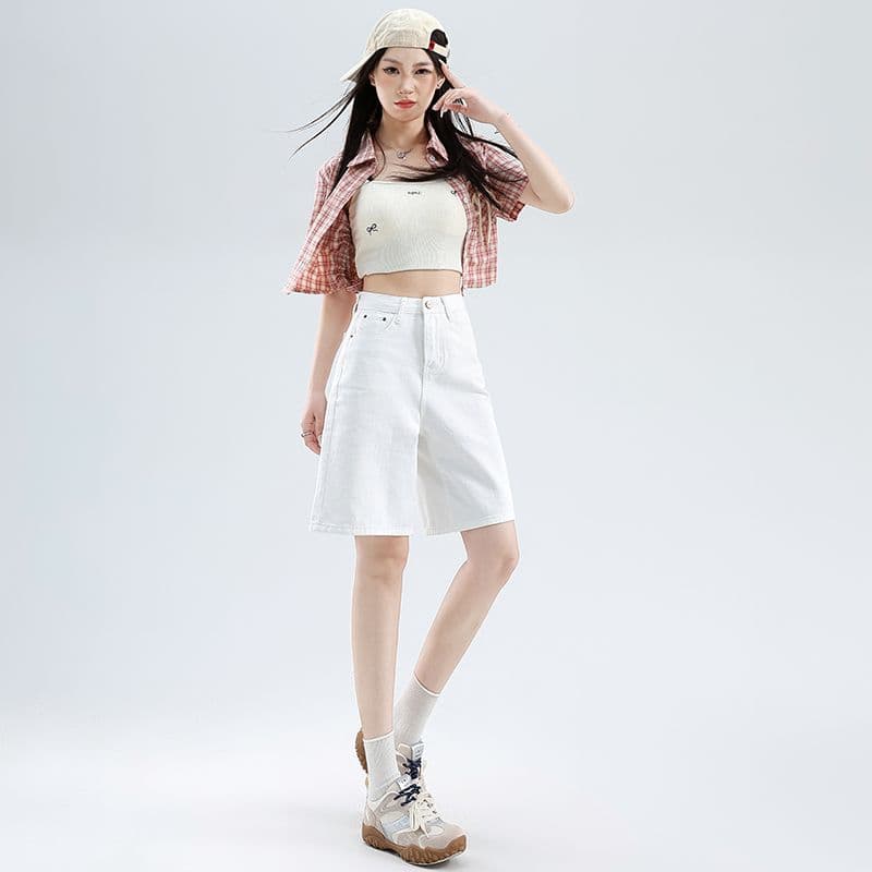 데님 반바지 여성 노스탤지어 블루 오부 바지 하이웨이스트 가죽 카드 반바지 이미지 5