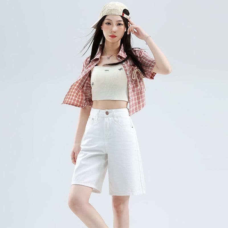 데님 반바지 여성 노스탤지어 블루 오부 바지 하이웨이스트 가죽 카드 반바지 이미지 4