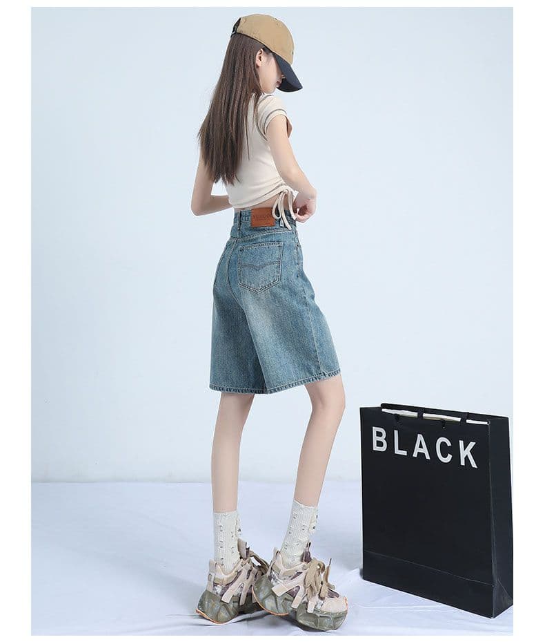 데님 반바지 여성 노스탤지어 블루 오부 바지 하이웨이스트 가죽 카드 반바지 상세 이미지 16