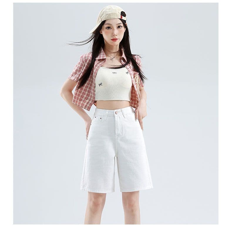 데님 반바지 여성 노스탤지어 블루 오부 바지 하이웨이스트 가죽 카드 반바지 상세 이미지 19