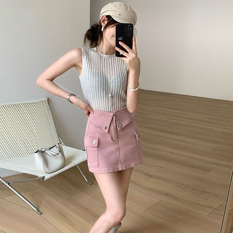 더러운 핑크색 데님 미니 스커트 여성 뒤집다 측면 허리 머리 레트로 워크웨어 주머니 이미지 3