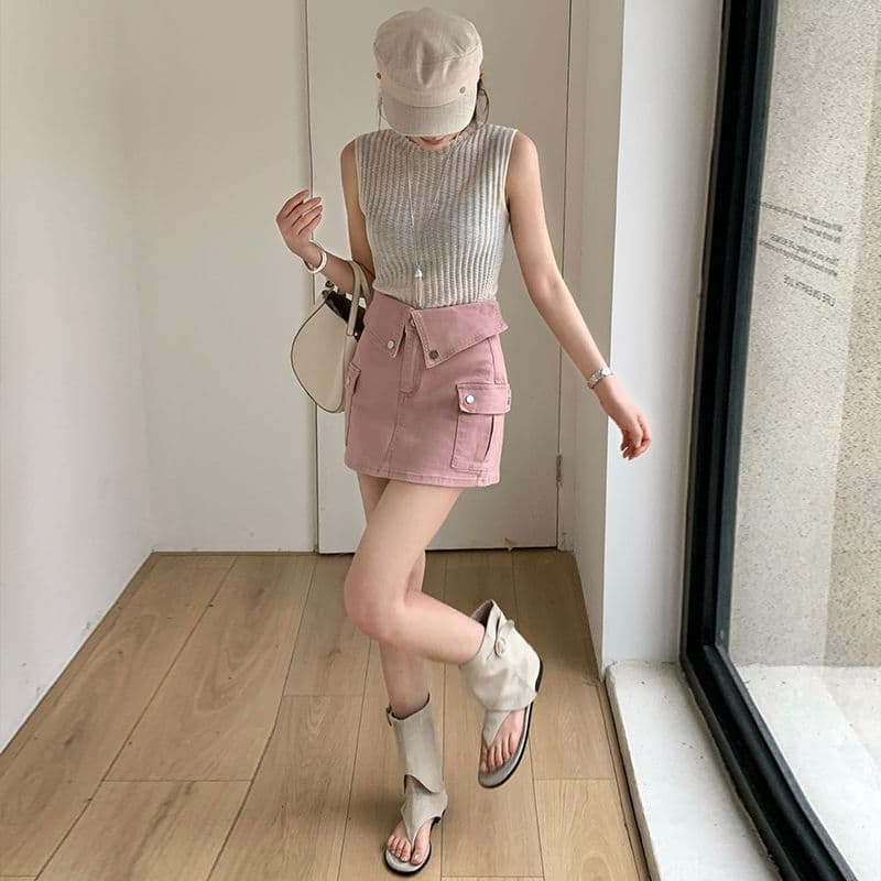 더러운 핑크색 데님 미니 스커트 여성 뒤집다 측면 허리 머리 레트로 워크웨어 주머니 이미지 5