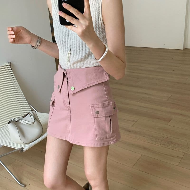 더러운 핑크색 데님 미니 스커트 여성 뒤집다 측면 허리 머리 레트로 워크웨어 주머니 이미지 4