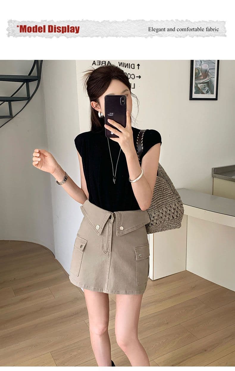 더러운 핑크색 데님 미니 스커트 여성 뒤집다 측면 허리 머리 레트로 워크웨어 주머니 상세 이미지 7