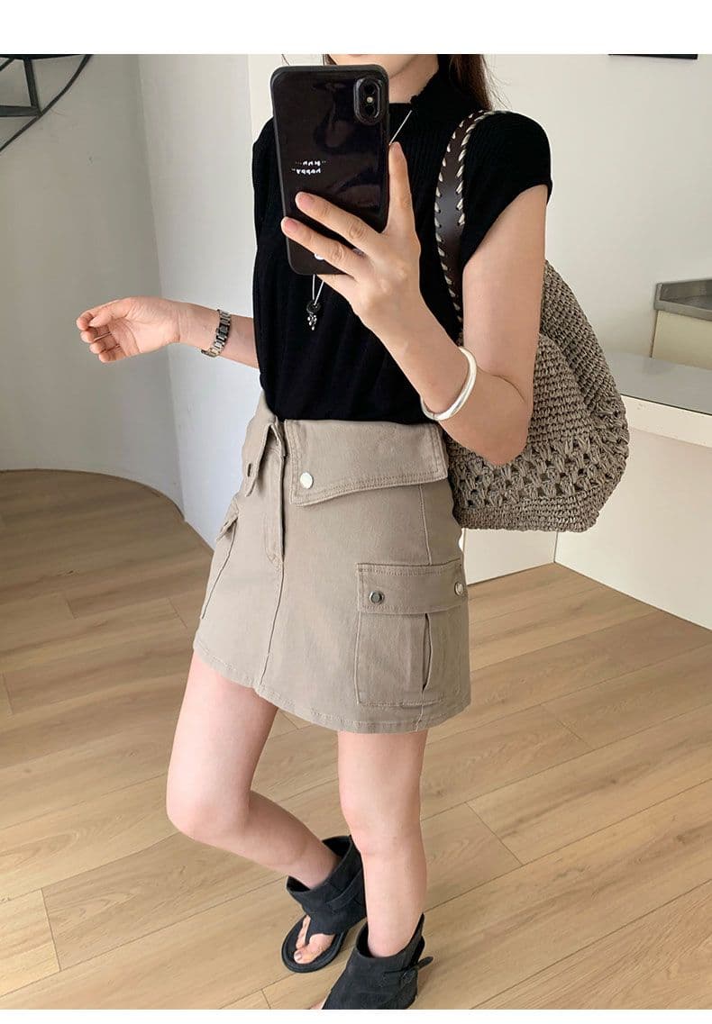 더러운 핑크색 데님 미니 스커트 여성 뒤집다 측면 허리 머리 레트로 워크웨어 주머니 상세 이미지 8