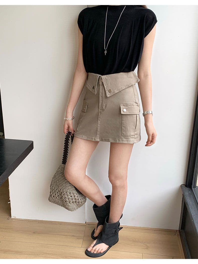 더러운 핑크색 데님 미니 스커트 여성 뒤집다 측면 허리 머리 레트로 워크웨어 주머니 상세 이미지 10