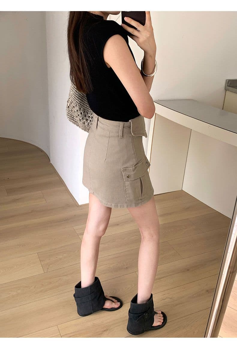 더러운 핑크색 데님 미니 스커트 여성 뒤집다 측면 허리 머리 레트로 워크웨어 주머니 상세 이미지 11