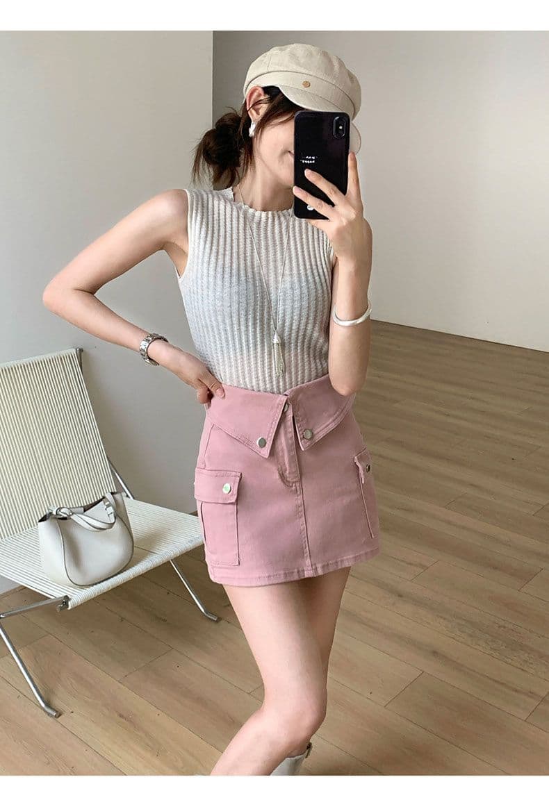 더러운 핑크색 데님 미니 스커트 여성 뒤집다 측면 허리 머리 레트로 워크웨어 주머니 상세 이미지 12