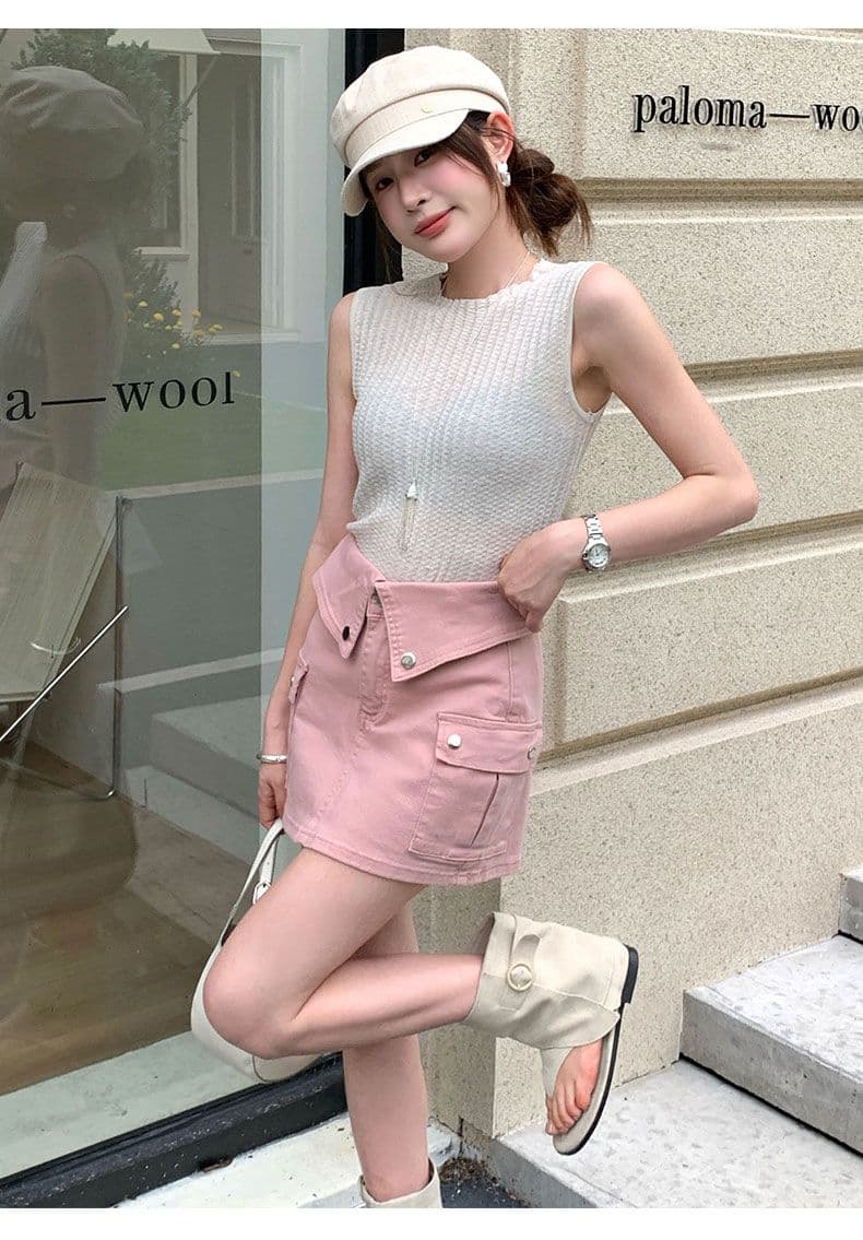 더러운 핑크색 데님 미니 스커트 여성 뒤집다 측면 허리 머리 레트로 워크웨어 주머니 상세 이미지 13