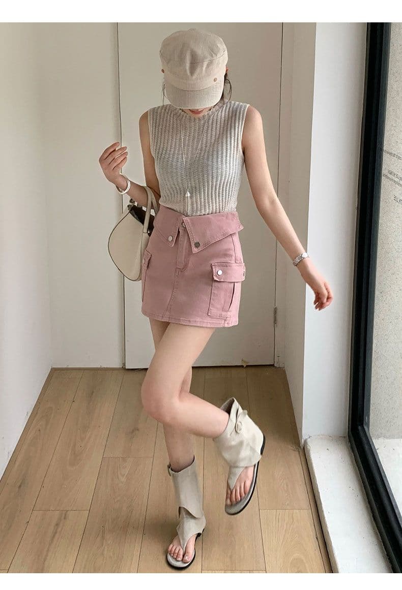 더러운 핑크색 데님 미니 스커트 여성 뒤집다 측면 허리 머리 레트로 워크웨어 주머니 상세 이미지 15