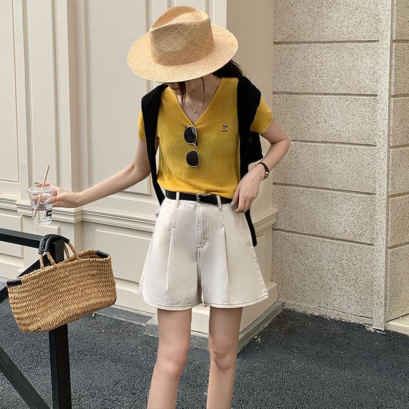 데님 반바지 여성 검정색 수신 Pleat 한 마디 반바지 선물 벨트 이미지 2