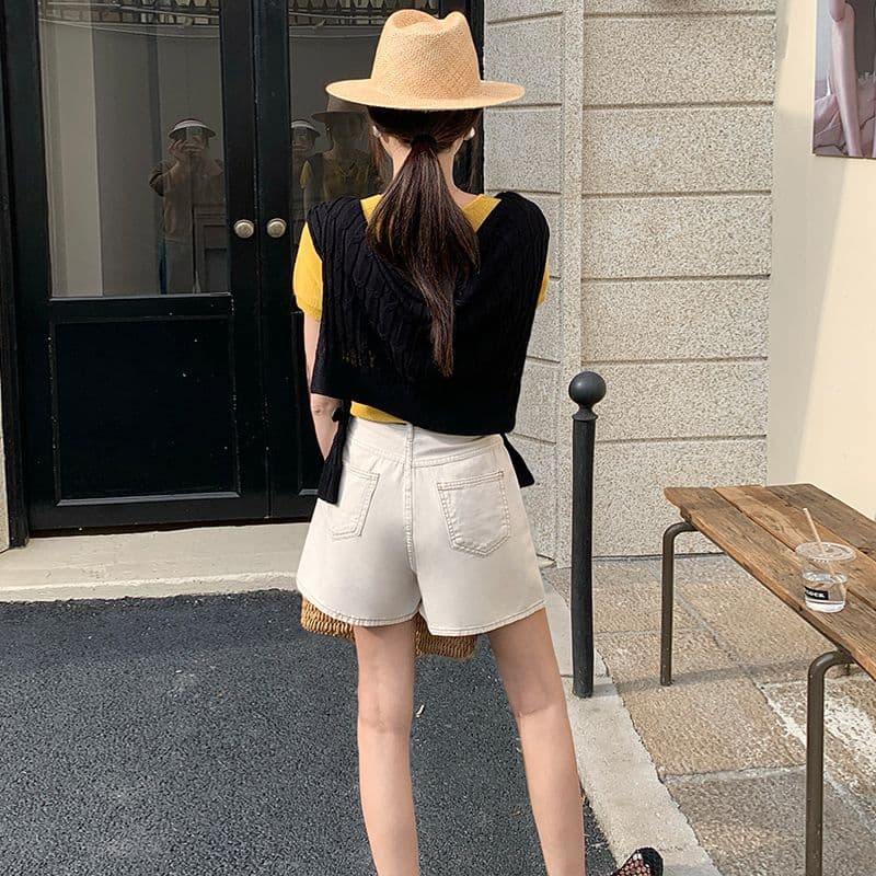 데님 반바지 여성 검정색 수신 Pleat 한 마디 반바지 선물 벨트 이미지 4