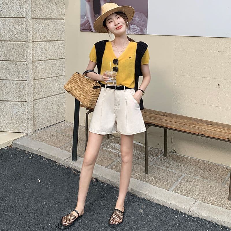 데님 반바지 여성 검정색 수신 Pleat 한 마디 반바지 선물 벨트 이미지 5