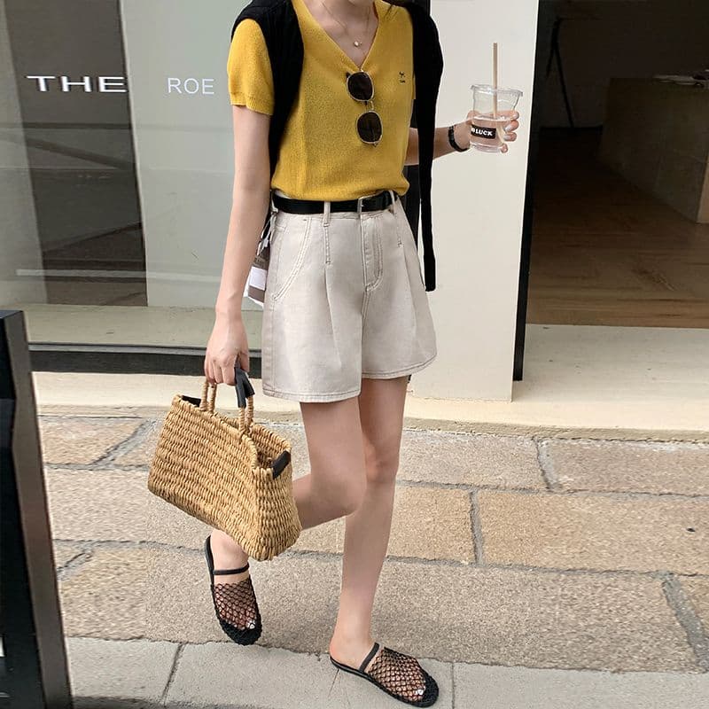 데님 반바지 여성 검정색 수신 Pleat 한 마디 반바지 선물 벨트 이미지 3
