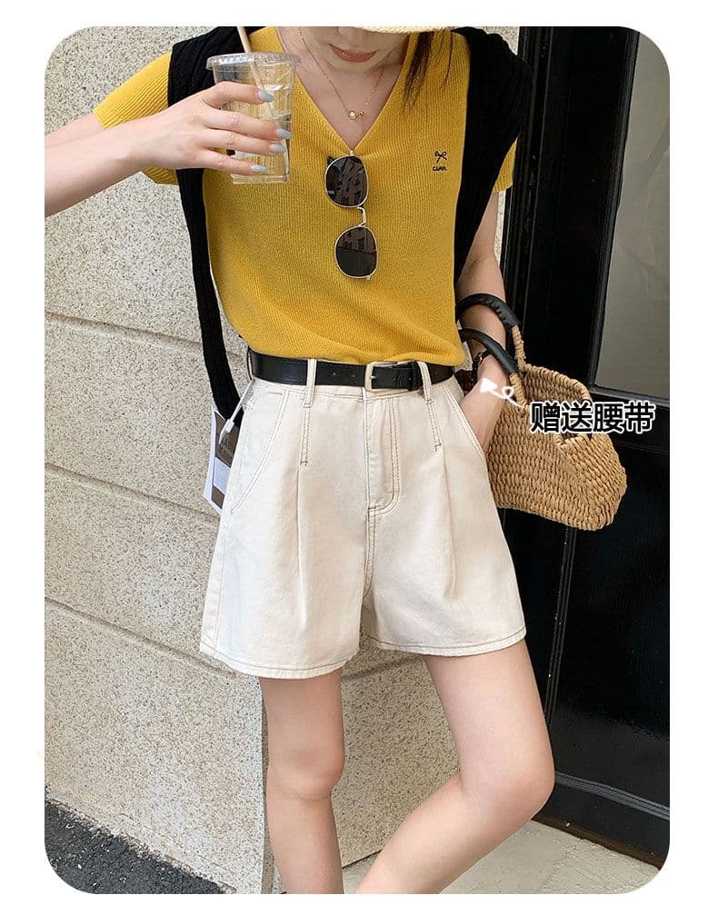 데님 반바지 여성 검정색 수신 Pleat 한 마디 반바지 선물 벨트 상세 이미지 3