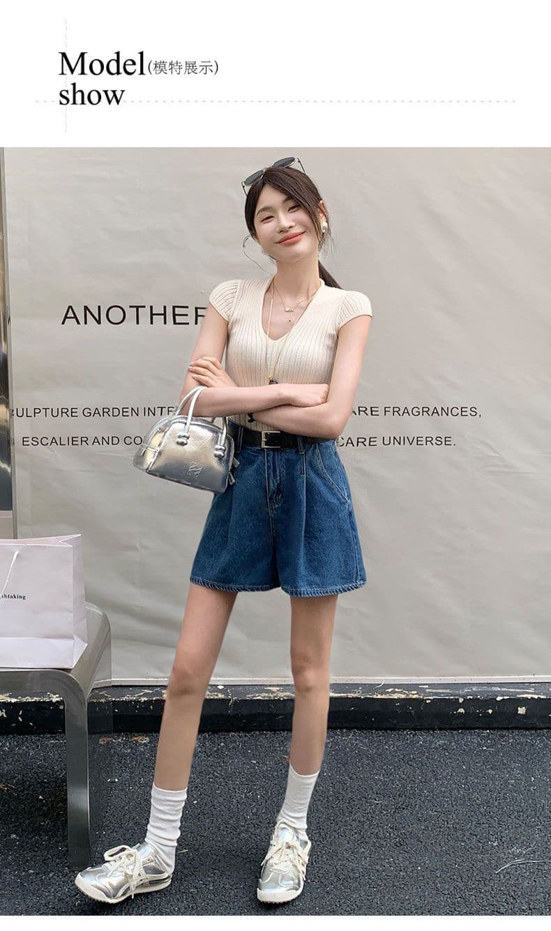 데님 반바지 여성 검정색 수신 Pleat 한 마디 반바지 선물 벨트 상세 이미지 11