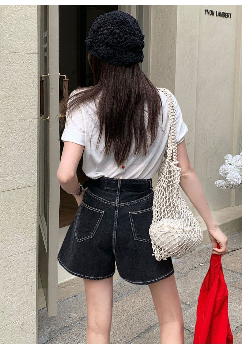 데님 반바지 여성 검정색 수신 Pleat 한 마디 반바지 선물 벨트 상세 이미지 16