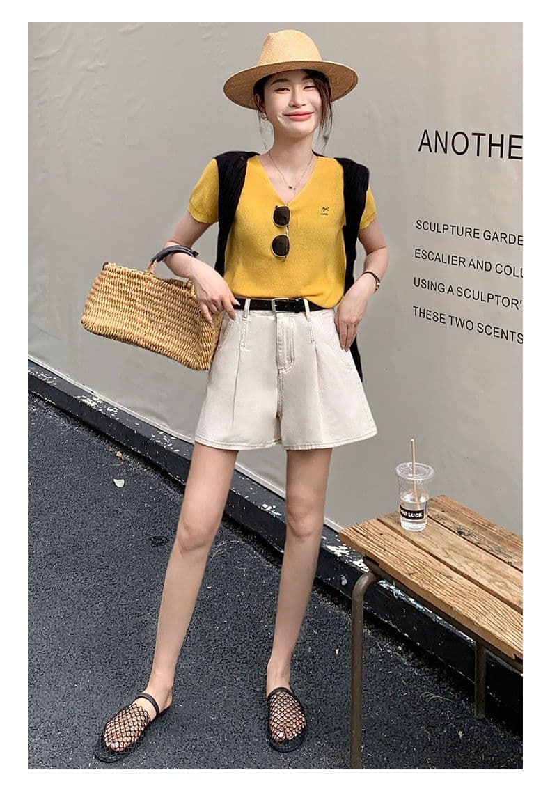 데님 반바지 여성 검정색 수신 Pleat 한 마디 반바지 선물 벨트 상세 이미지 18