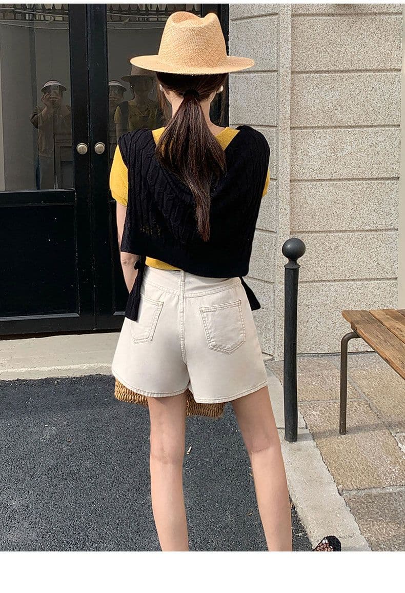 데님 반바지 여성 검정색 수신 Pleat 한 마디 반바지 선물 벨트 상세 이미지 19
