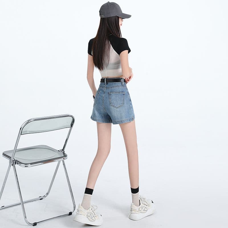 데님 반바지 여성 하늘색 트임 한 마디 바지 선물 벨트 이미지 3