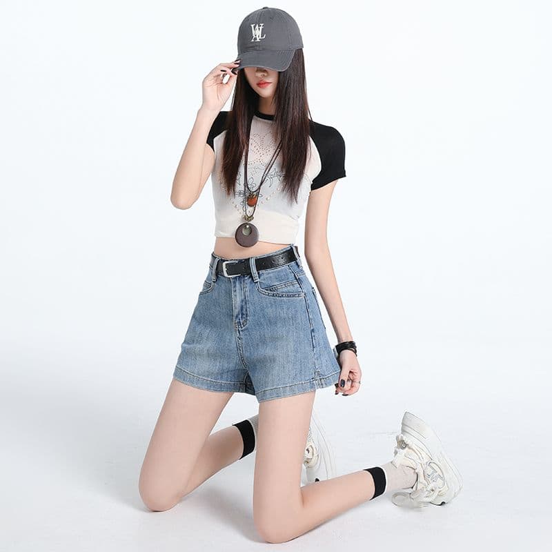 데님 반바지 여성 하늘색 트임 한 마디 바지 선물 벨트 이미지 4