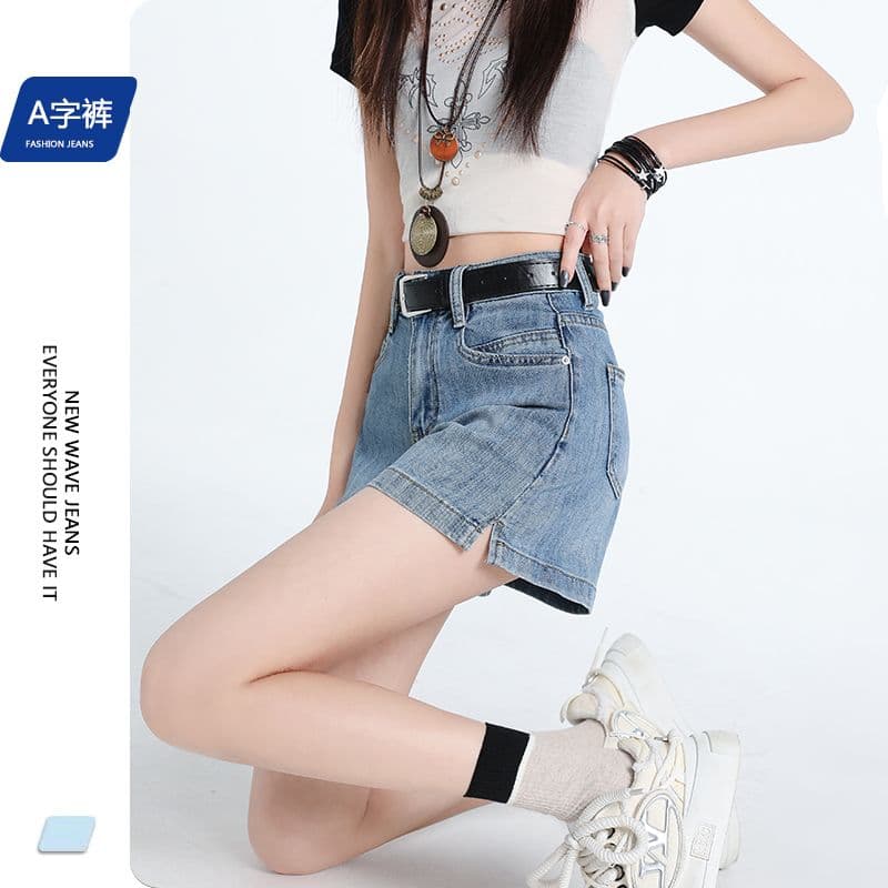 데님 반바지 여성 하늘색 트임 한 마디 바지 선물 벨트 이미지 5