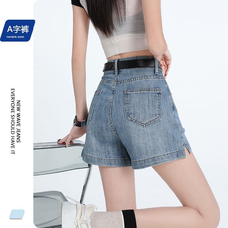 데님 반바지 여성 하늘색 트임 한 마디 바지 선물 벨트 이미지 6